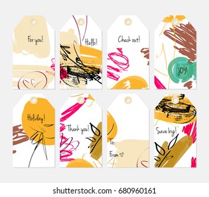 Hand drawn creative tags. Universal shopping, sales, advertising, price tags and product label templates isolated. Abstract artistic doodles. Roughly drawn bright trendy textures. Vector isolated