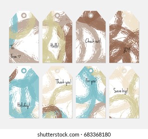 Hand drawn creative tags. Universal shopping, sales, advertising, price tags and product label templates isolated. Abstract artistic doodles. Roughly drawn bright trendy textures. Vector isolated