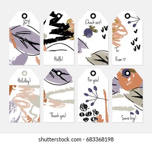 Hand drawn creative tags. Universal shopping, sales, advertising, price tags and product label templates isolated. Abstract artistic doodles. Roughly drawn bright trendy textures. Vector isolated