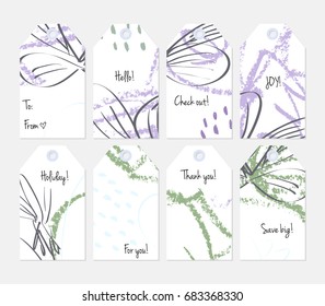 Hand drawn creative tags. Universal shopping, sales, advertising, price tags and product label templates isolated. Abstract artistic doodles. Roughly drawn bright trendy textures. Vector isolated