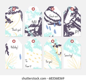 Hand drawn creative tags. Universal shopping, sales, advertising, price tags and product label templates isolated. Abstract artistic doodles. Roughly drawn bright trendy textures. Vector isolated