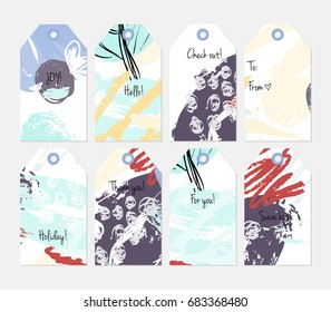 Hand drawn creative tags. Universal shopping, sales, advertising, price tags and product label templates isolated. Abstract artistic doodles. Roughly drawn bright trendy textures. Vector isolated
