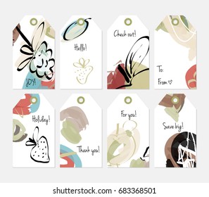 Hand drawn creative tags. Universal shopping, sales, advertising, price tags and product label templates isolated. Abstract artistic doodles. Roughly drawn bright trendy textures. Vector isolated