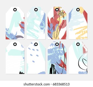 Hand drawn creative tags. Universal shopping, sales, advertising, price tags and product label templates isolated. Abstract artistic doodles. Roughly drawn bright trendy textures. Vector isolated