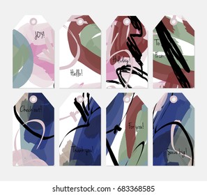 Hand drawn creative tags. Universal shopping, sales, advertising, price tags and product label templates isolated. Abstract artistic doodles. Roughly drawn bright trendy textures. Vector isolated