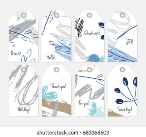 Hand drawn creative tags. Universal shopping, sales, advertising, price tags and product label templates isolated. Abstract artistic doodles. Roughly drawn bright trendy textures. Vector isolated