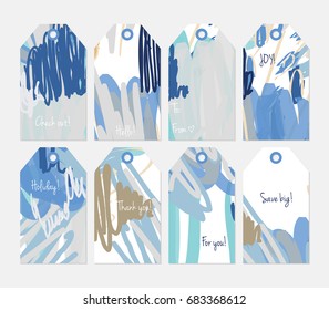Hand drawn creative tags. Universal shopping, sales, advertising, price tags and product label templates isolated. Abstract artistic doodles. Roughly drawn bright trendy textures. Vector isolated