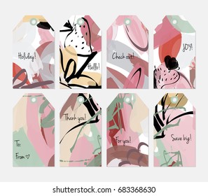 Hand drawn creative tags. Universal shopping, sales, advertising, price tags and product label templates isolated. Abstract artistic doodles. Roughly drawn bright trendy textures. Vector isolated