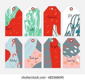 Hand drawn creative tags. Universal shopping, sales, advertising, price tags and product label templates isolated. Abstract artistic doodles. Roughly drawn bright trendy textures. Vector isolated