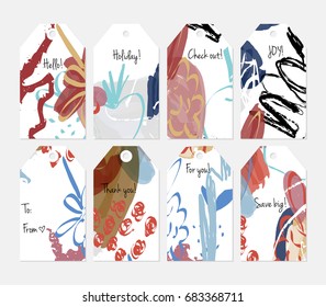Hand drawn creative tags. Universal shopping, sales, advertising, price tags and product label templates isolated. Abstract artistic doodles. Roughly drawn bright trendy textures. Vector isolated