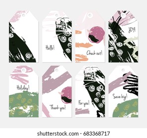 Hand drawn creative tags. Universal shopping, sales, advertising, price tags and product label templates isolated. Abstract artistic doodles. Roughly drawn bright trendy textures. Vector isolated