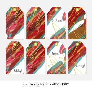 Hand drawn creative tags. Universal shopping, sales, advertising, price tags and product label templates isolated. Abstract artistic doodles. Roughly drawn bright trendy textures. Vector isolated