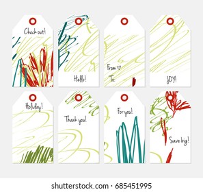 Hand drawn creative tags. Universal shopping, sales, advertising, price tags and product label templates isolated. Abstract artistic doodles. Roughly drawn bright trendy textures. Vector isolated