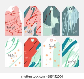 Hand drawn creative tags. Universal shopping, sales, advertising, price tags and product label templates isolated. Abstract artistic doodles. Roughly drawn bright trendy textures. Vector isolated