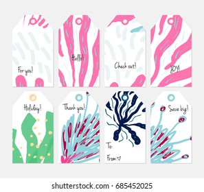 Hand drawn creative tags. Universal shopping, sales, advertising, price tags and product label templates isolated. Abstract artistic doodles. Roughly drawn bright trendy textures. Vector isolated