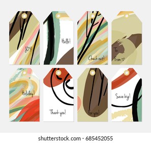 Hand drawn creative tags. Universal shopping, sales, advertising, price tags and product label templates isolated. Abstract artistic doodles. Roughly drawn bright trendy textures. Vector isolated