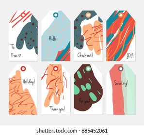Hand drawn creative tags. Universal shopping, sales, advertising, price tags and product label templates isolated. Abstract artistic doodles. Roughly drawn bright trendy textures. Vector isolated