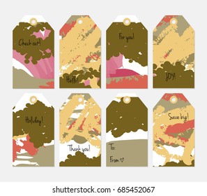 Hand drawn creative tags. Universal shopping, sales, advertising, price tags and product label templates isolated. Abstract artistic doodles. Roughly drawn bright trendy textures. Vector isolated
