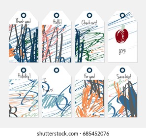 Hand drawn creative tags. Universal shopping, sales, advertising, price tags and product label templates isolated. Abstract artistic doodles. Roughly drawn bright trendy textures. Vector isolated