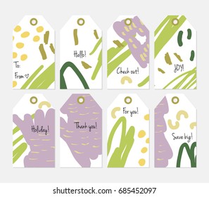 Hand drawn creative tags. Universal shopping, sales, advertising, price tags and product label templates isolated. Abstract artistic doodles. Roughly drawn bright trendy textures. Vector isolated