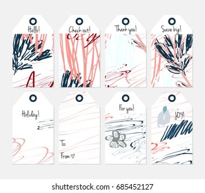 Hand drawn creative tags. Universal shopping, sales, advertising, price tags and product label templates isolated. Abstract artistic doodles. Roughly drawn bright trendy textures. Vector isolated