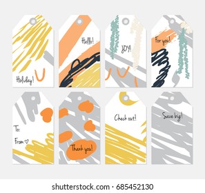 Hand drawn creative tags. Universal shopping, sales, advertising, price tags and product label templates isolated. Abstract artistic doodles. Roughly drawn bright trendy textures. Vector isolated