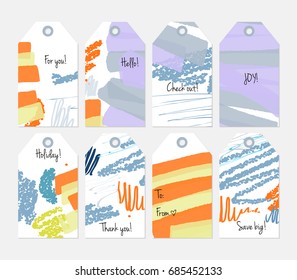 Hand drawn creative tags. Universal shopping, sales, advertising, price tags and product label templates isolated. Abstract artistic doodles. Roughly drawn bright trendy textures. Vector isolated