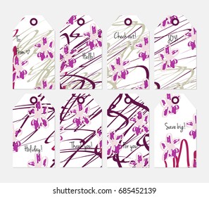 Hand drawn creative tags. Universal shopping, sales, advertising, price tags and product label templates isolated. Abstract artistic doodles. Roughly drawn bright trendy textures. Vector isolated