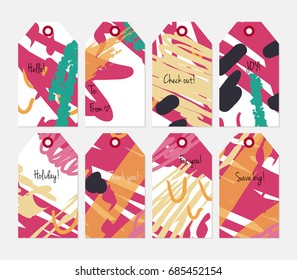 Hand drawn creative tags. Universal shopping, sales, advertising, price tags and product label templates isolated. Abstract artistic doodles. Roughly drawn bright trendy textures. Vector isolated