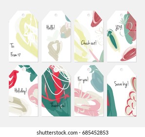 Hand drawn creative tags. Universal shopping, sales, advertising, price tags and product label templates isolated. Abstract artistic doodles. Roughly drawn bright trendy textures. Vector isolated