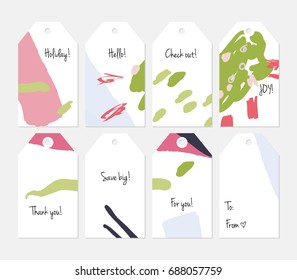 Hand drawn creative tags. Universal shopping, sales, advertising, price tags and product label templates isolated. Abstract artistic doodles. Roughly drawn bright trendy textures. Vector isolated