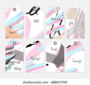 Hand drawn creative tags. Universal shopping, sales, advertising, price tags and product label templates isolated. Abstract artistic doodles. Roughly drawn bright trendy textures. Vector isolated