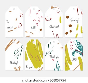 Hand drawn creative tags. Universal shopping, sales, advertising, price tags and product label templates isolated. Abstract artistic doodles. Roughly drawn bright trendy textures. Vector isolated
