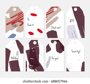 Hand drawn creative tags. Universal shopping, sales, advertising, price tags and product label templates isolated. Abstract artistic doodles. Roughly drawn bright trendy textures. Vector isolated