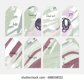 Hand drawn creative tags. Universal shopping, sales, advertising, price tags and product label templates isolated. Abstract artistic doodles. Roughly drawn bright trendy textures. Vector isolated