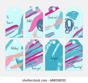 Hand drawn creative tags. Universal shopping, sales, advertising, price tags and product label templates isolated. Abstract artistic doodles. Roughly drawn bright trendy textures. Vector isolated