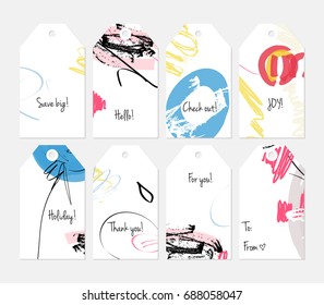 Hand drawn creative tags. Universal shopping, sales, advertising, price tags and product label templates isolated. Abstract artistic doodles. Roughly drawn bright trendy textures. Vector isolated