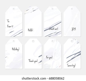 Hand drawn creative tags. Universal shopping, sales, advertising, price tags and product label templates isolated. Abstract artistic doodles. Roughly drawn bright trendy textures. Vector isolated