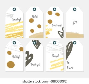 Hand drawn creative tags. Universal shopping, sales, advertising, price tags and product label templates isolated. Abstract artistic doodles. Roughly drawn bright trendy textures. Vector isolated