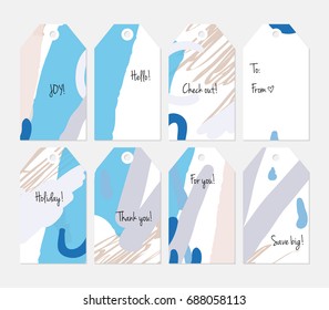 Hand drawn creative tags. Universal shopping, sales, advertising, price tags and product label templates isolated. Abstract artistic doodles. Roughly drawn bright trendy textures. Vector isolated