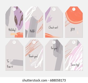 Hand drawn creative tags. Universal shopping, sales, advertising, price tags and product label templates isolated. Abstract artistic doodles. Roughly drawn bright trendy textures. Vector isolated