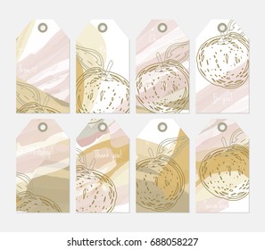 Hand drawn creative tags. Universal shopping, sales, advertising, price tags and product label templates isolated. Abstract artistic doodles. Roughly drawn bright trendy textures. Vector isolated