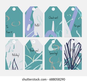 Hand drawn creative tags. Universal shopping, sales, advertising, price tags and product label templates isolated. Abstract artistic doodles. Roughly drawn bright trendy textures. Vector isolated