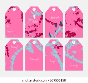 Hand drawn creative tags. Universal shopping, sales, advertising, price tags and product label templates isolated. Abstract artistic doodles. Roughly drawn bright trendy textures. Vector isolated