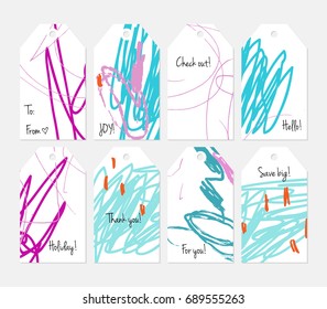 Hand drawn creative tags. Universal shopping, sales, advertising, price tags and product label templates isolated. Abstract artistic doodles. Roughly drawn bright trendy textures. Vector isolated