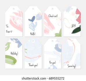 Hand drawn creative tags. Universal shopping, sales, advertising, price tags and product label templates isolated. Abstract artistic doodles. Roughly drawn bright trendy textures. Vector isolated