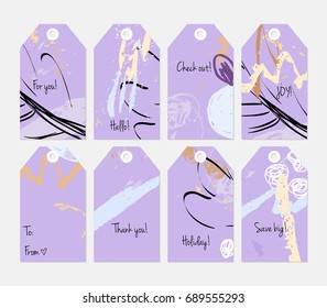 Hand drawn creative tags. Universal shopping, sales, advertising, price tags and product label templates isolated. Abstract artistic doodles. Roughly drawn bright trendy textures. Vector isolated