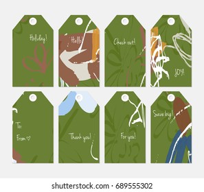 Hand drawn creative tags. Universal shopping, sales, advertising, price tags and product label templates isolated. Abstract artistic doodles. Roughly drawn bright trendy textures. Vector isolated