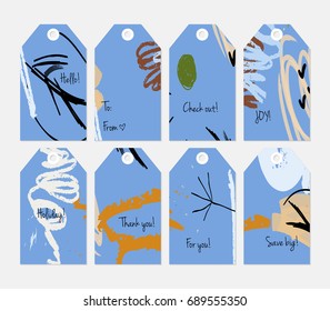 Hand drawn creative tags. Universal shopping, sales, advertising, price tags and product label templates isolated. Abstract artistic doodles. Roughly drawn bright trendy textures. Vector isolated