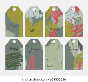 Hand drawn creative tags. Universal shopping, sales, advertising, price tags and product label templates isolated. Abstract artistic doodles. Roughly drawn bright trendy textures. Vector isolated